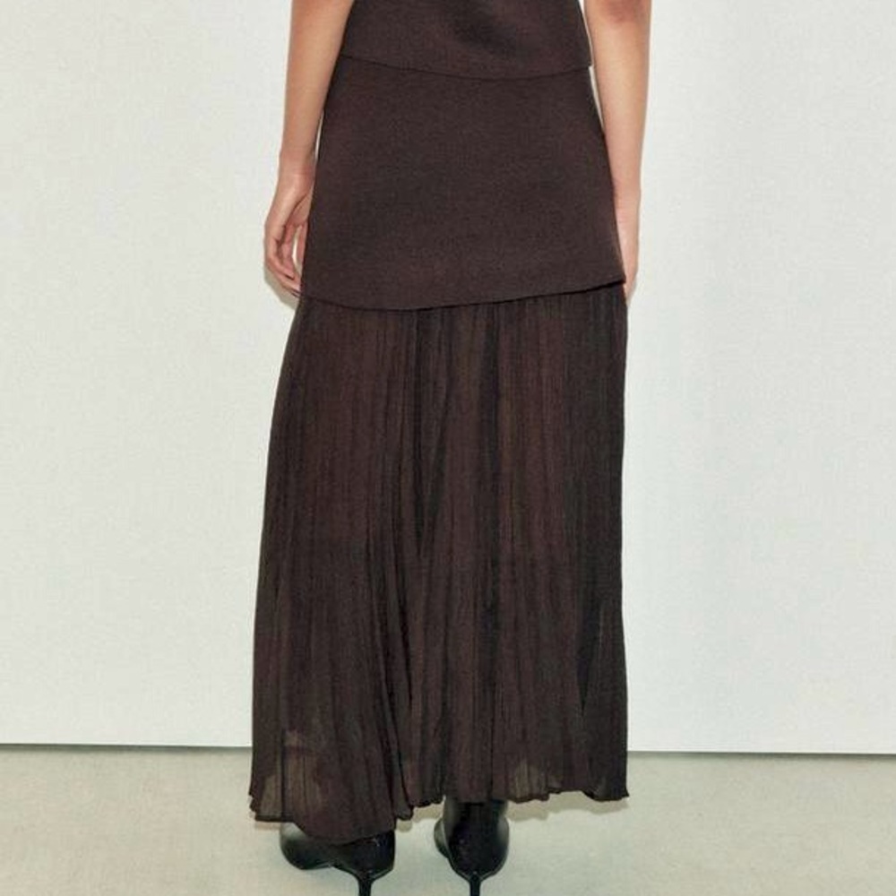 Zara NWT dark brown mixed combination midi pleated contrasting skirt - Picture 11 of 15